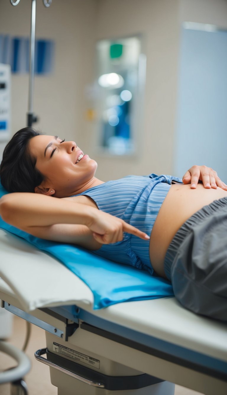 A person lying on a medical exam table, pointing to their stomach with a pained expression