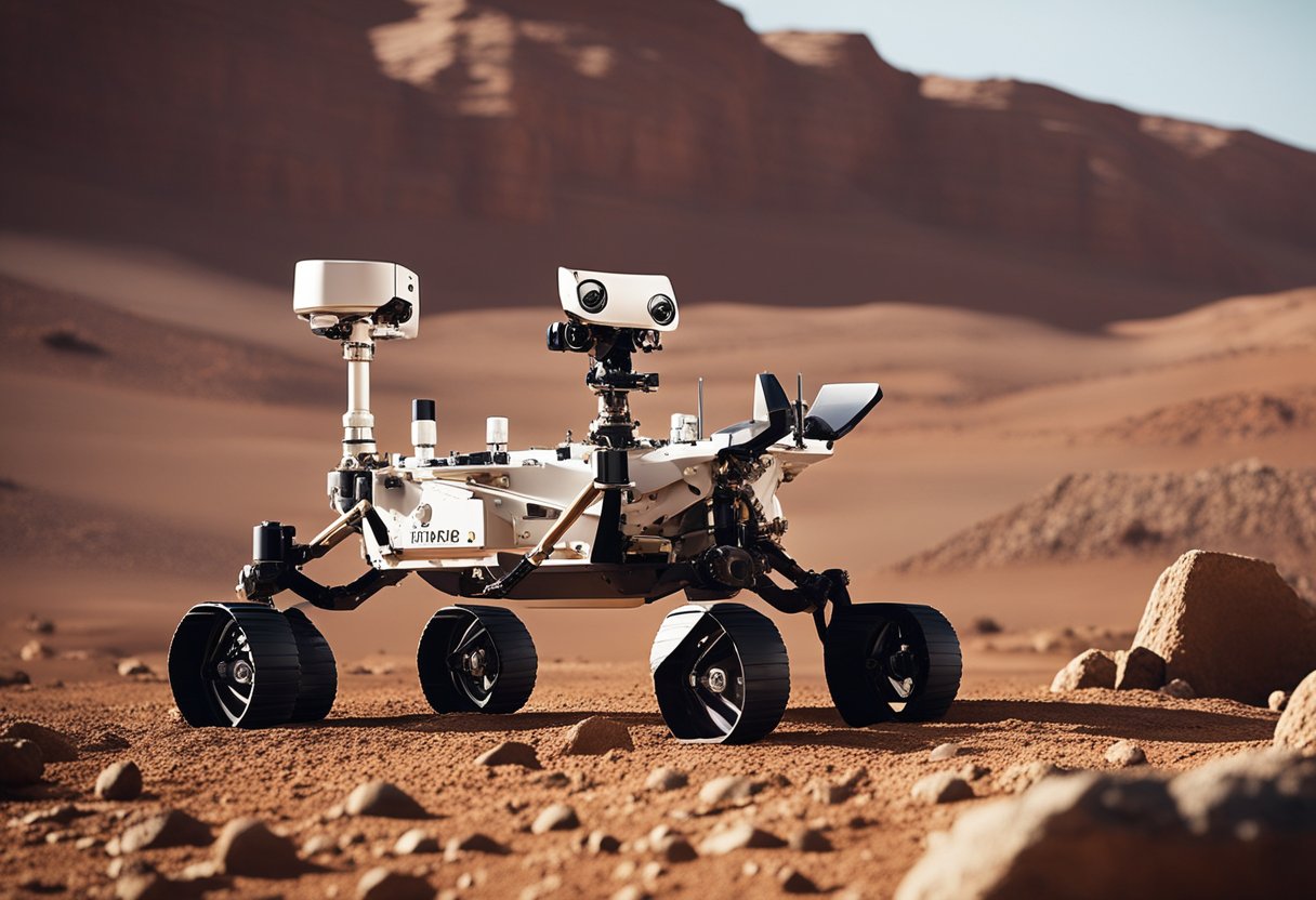 Um rover de Marte explora o terreno rochoso, coletando amostras e analisando o solo em busca de sinais de vida antiga. O planeta vermelho se destaca ao fundo, enquanto o rover continua sua missão.