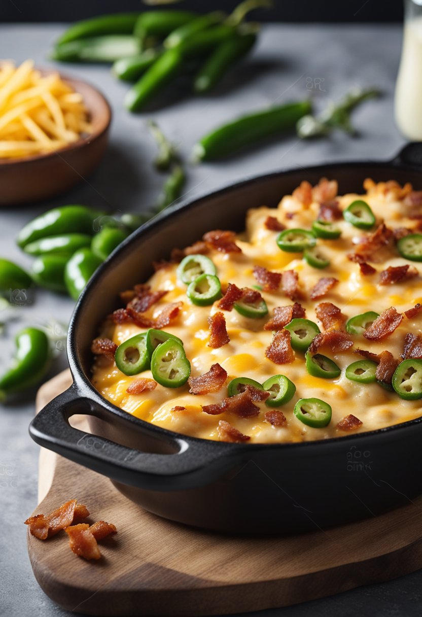 A bubbling casserole dish filled with keto jalapeno chicken, topped with melted cheese and crispy bacon bits