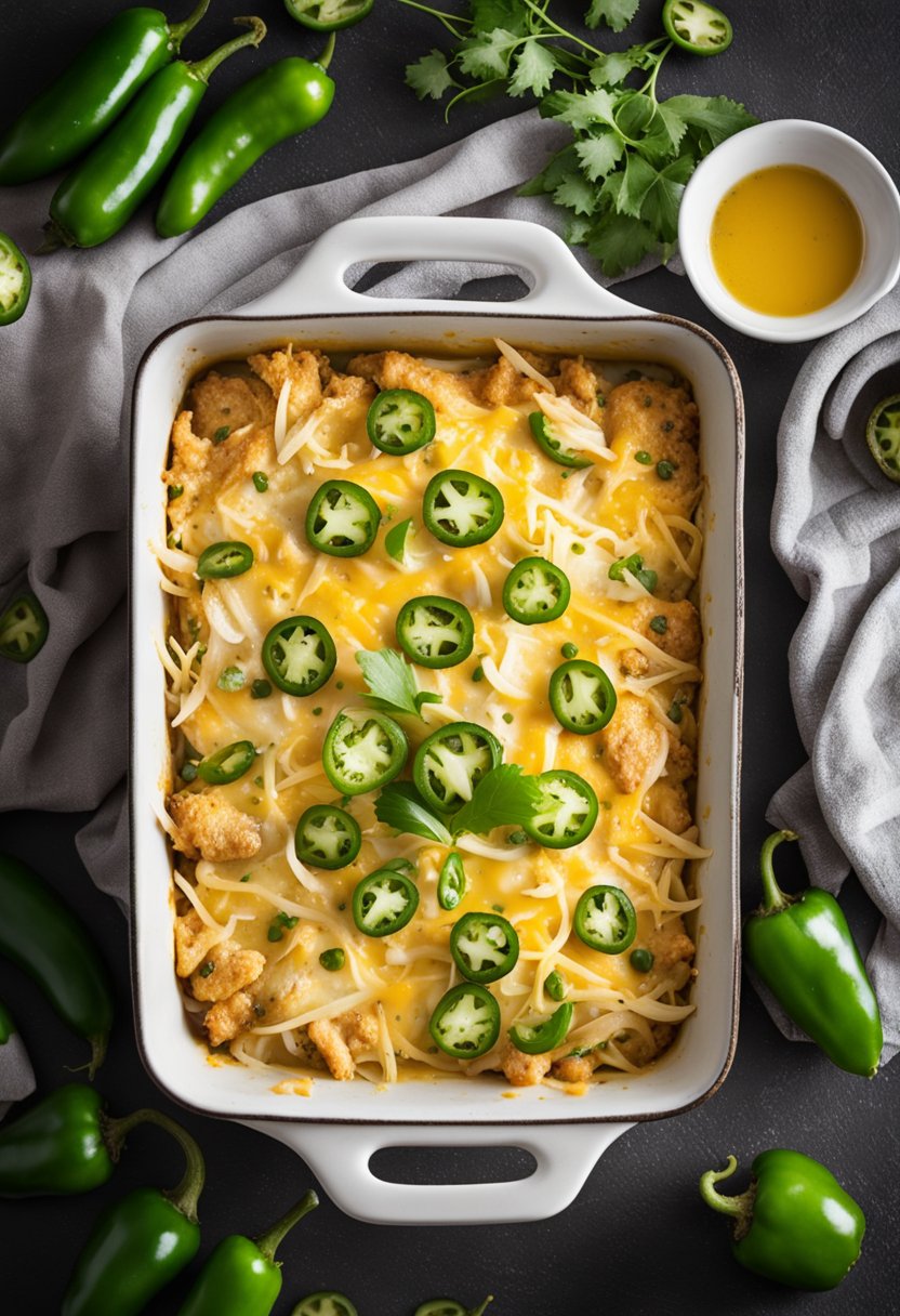 A steaming keto jalapeño chicken casserole in a baking dish, surrounded by fresh jalapeños, diced chicken, and shredded cheese