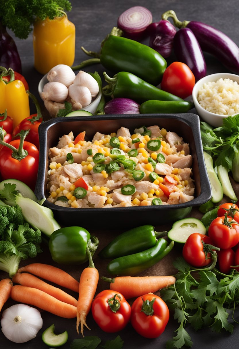 A kitchen counter with assorted fresh vegetables, raw chicken, and keto-friendly ingredients laid out for a jalapeno chicken casserole