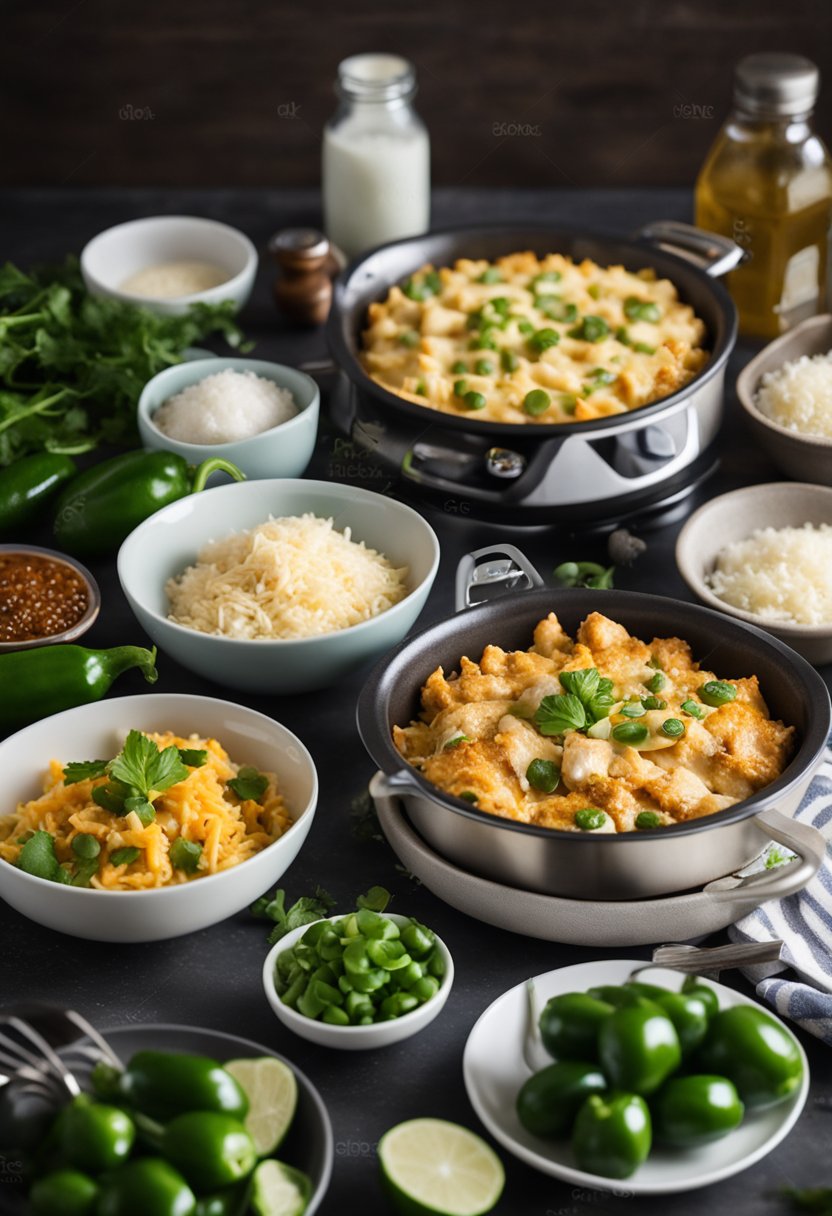 A kitchen counter with ingredients and utensils laid out for keto jalapeno chicken casserole