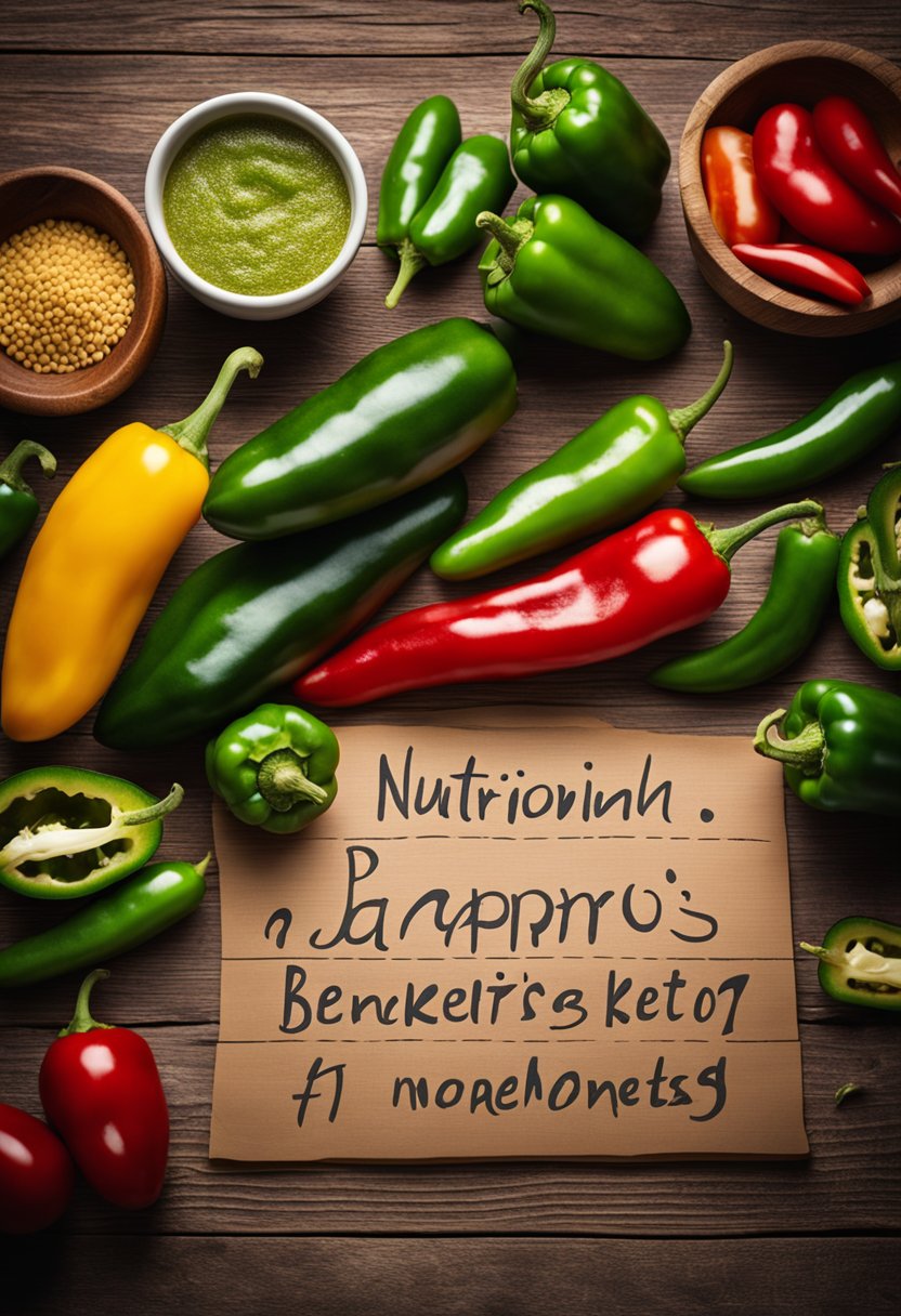 A colorful array of fresh jalapenos, chicken, and keto-friendly ingredients displayed on a rustic wooden table, with a handwritten sign indicating "Nutritional Information and Benefits."