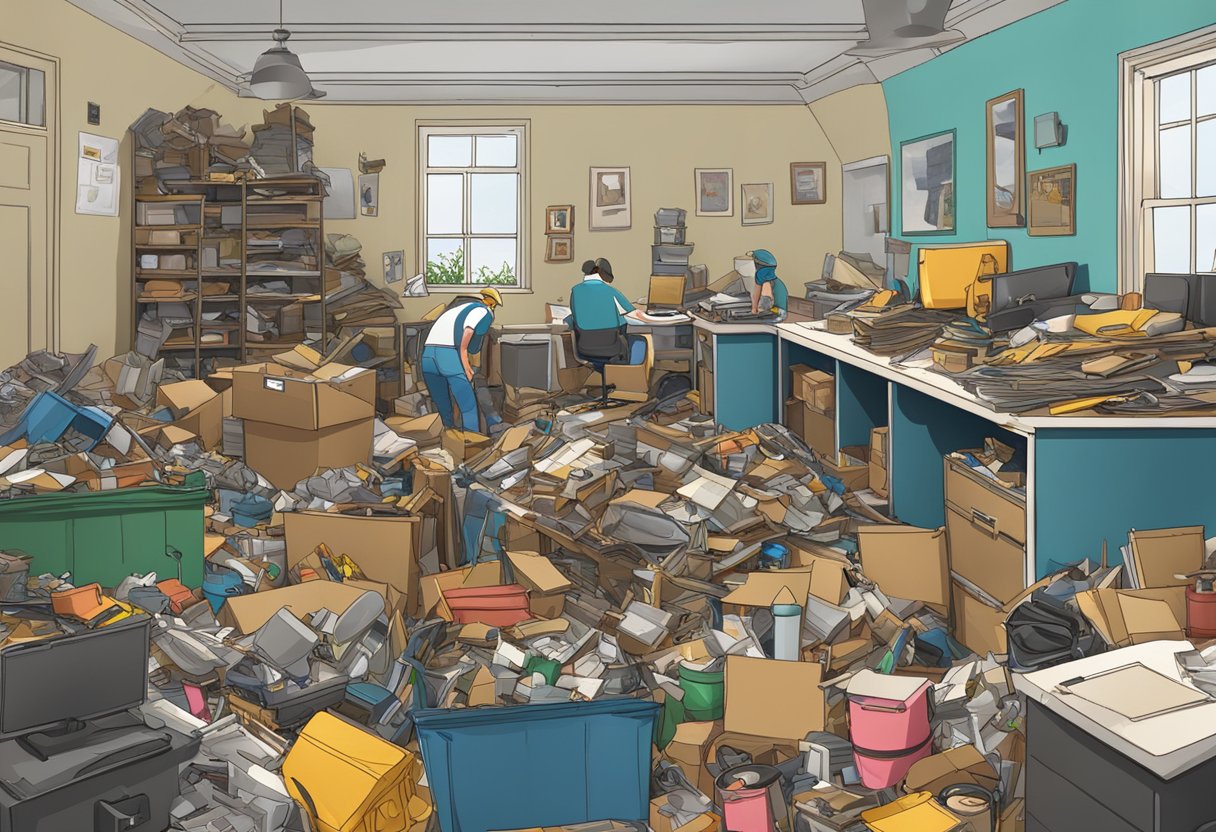 A cluttered room with piles of junk being removed by workers