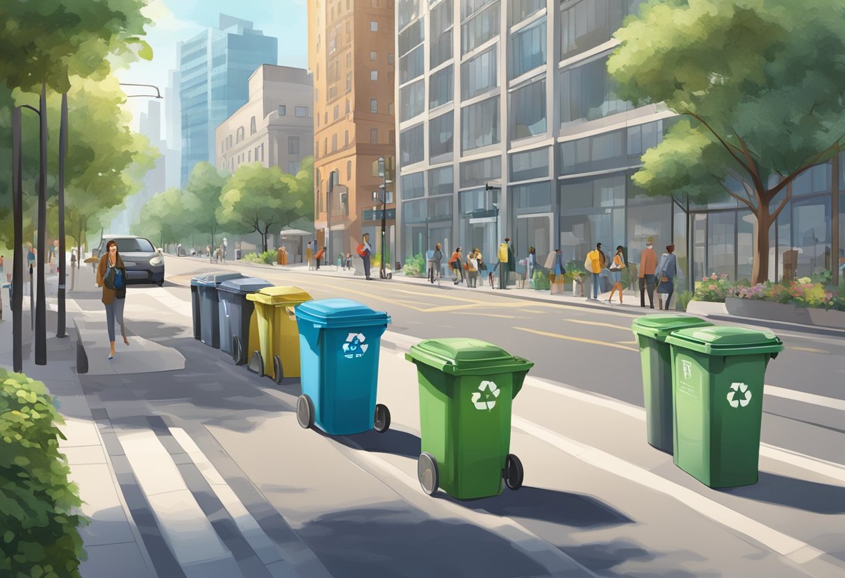 A bustling city street with clean sidewalks and recycling bins, surrounded by greenery and modern buildings