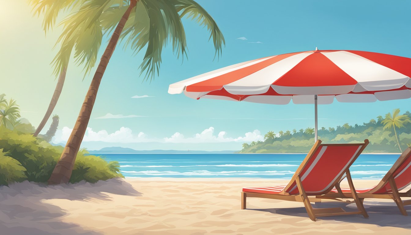 En rød og hvit paraply skiller seg ut mot en solfylt strandsetting, med palmer og en klar blå himmel i bakgrunnen