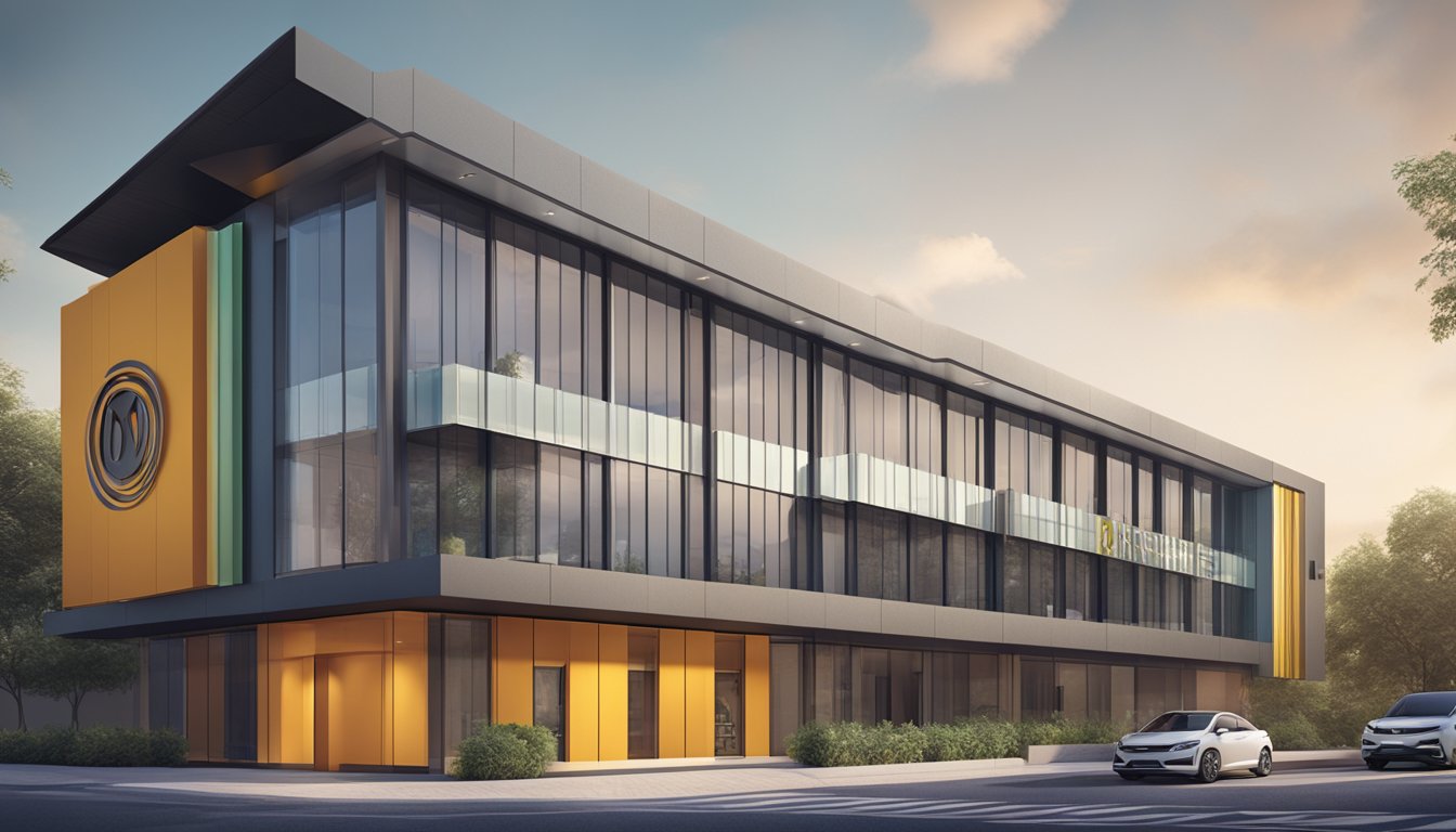 En moderne bygning med en dristig og distinkt logo som vises tydelig på fasaden