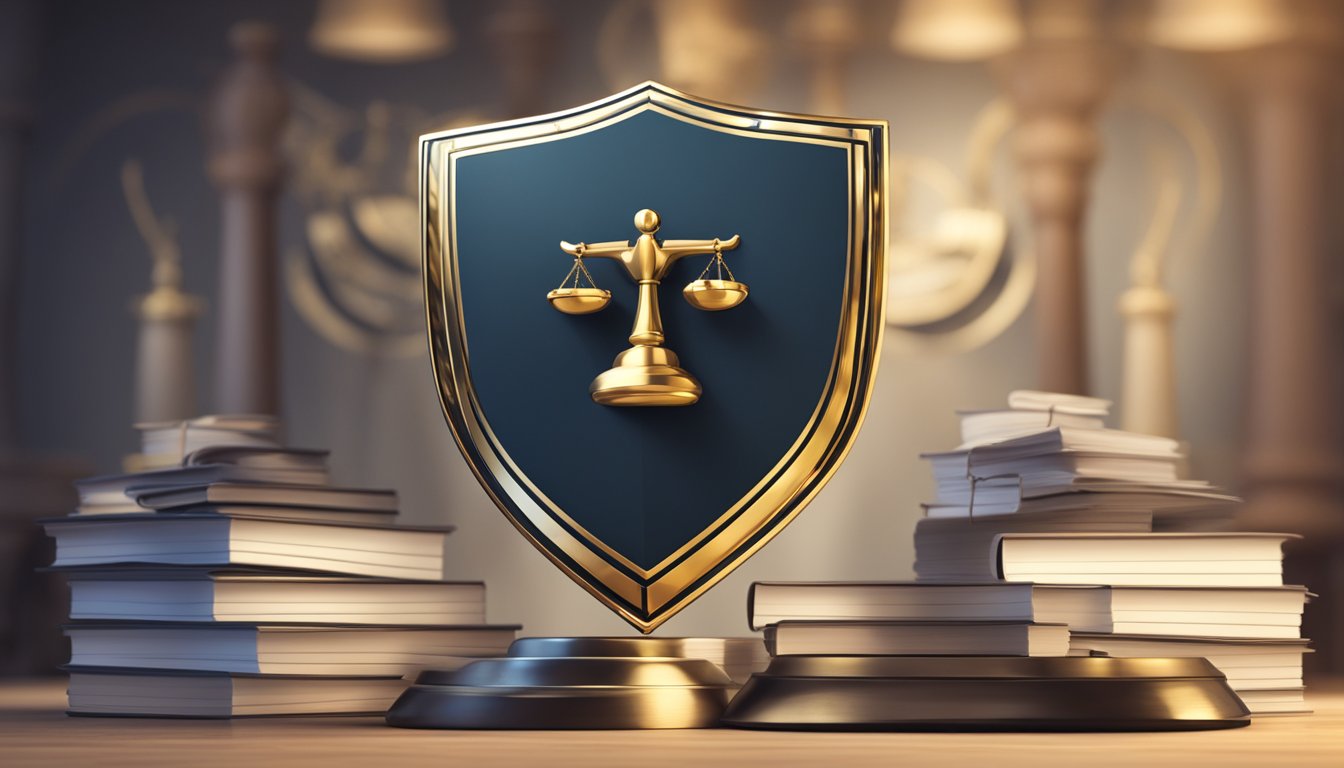 Et skjold med et stilisert "TM"-symbol står mot en bakgrunn av juridiske dokumenter og rettferdighetsvekter.