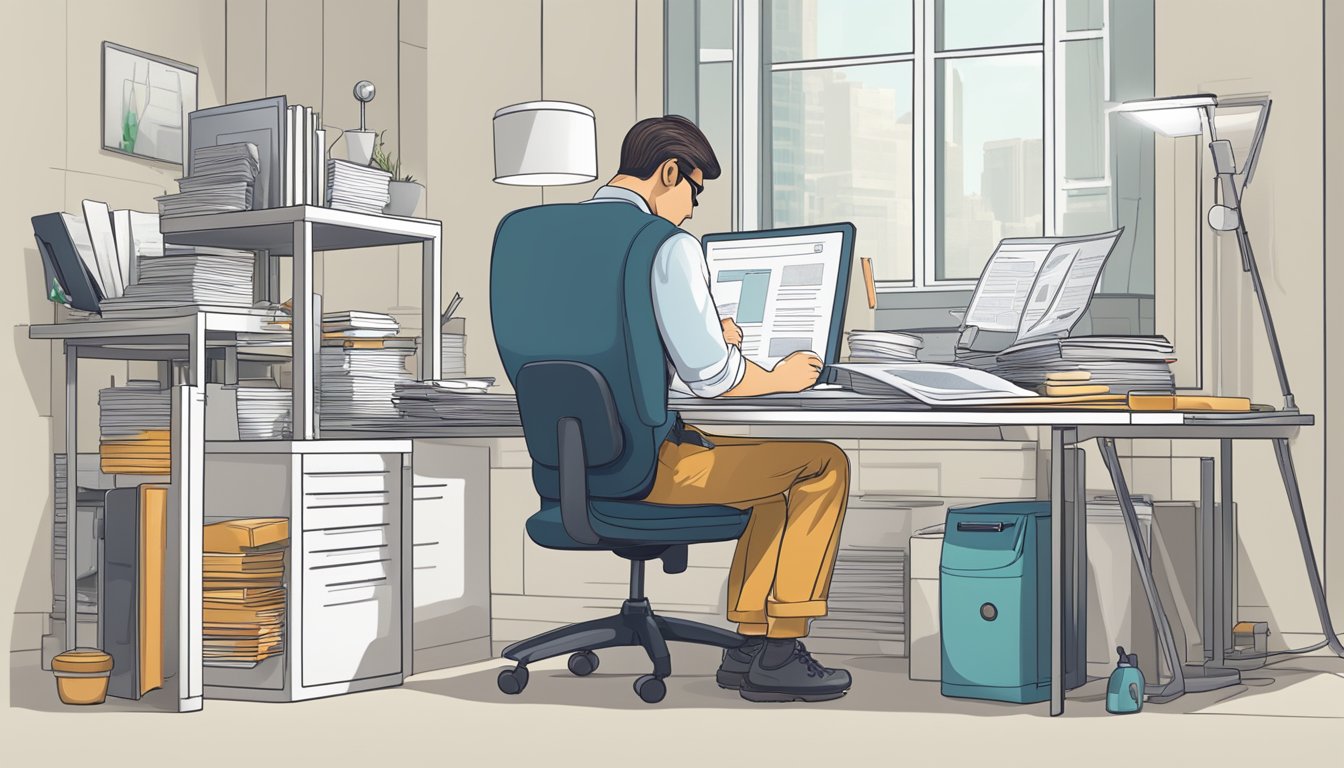 En person som sitter ved et skrivebord, omringet av papirarbeid og en datamaskin, fyller ut skjemaer og forsker på varemerker for registrering.