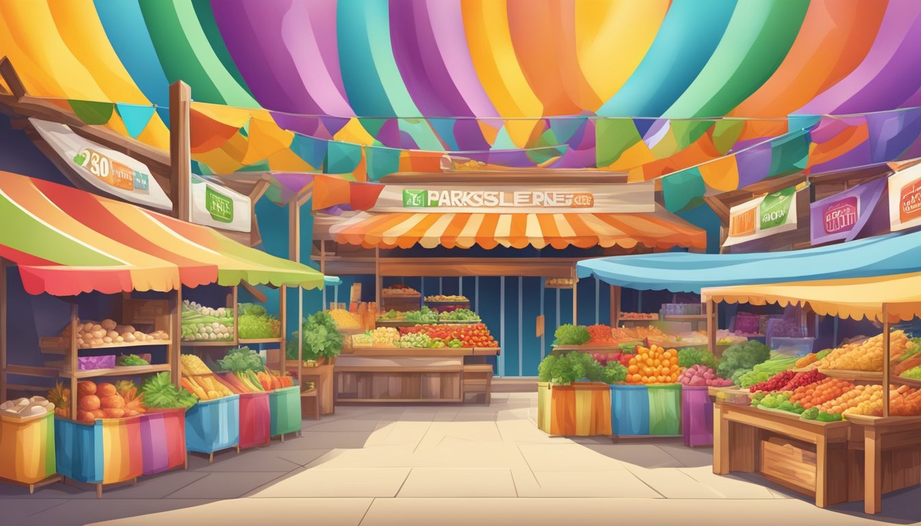 Et livlig marked med ulike produkter og logoer vist på fargerike bannere og skilt