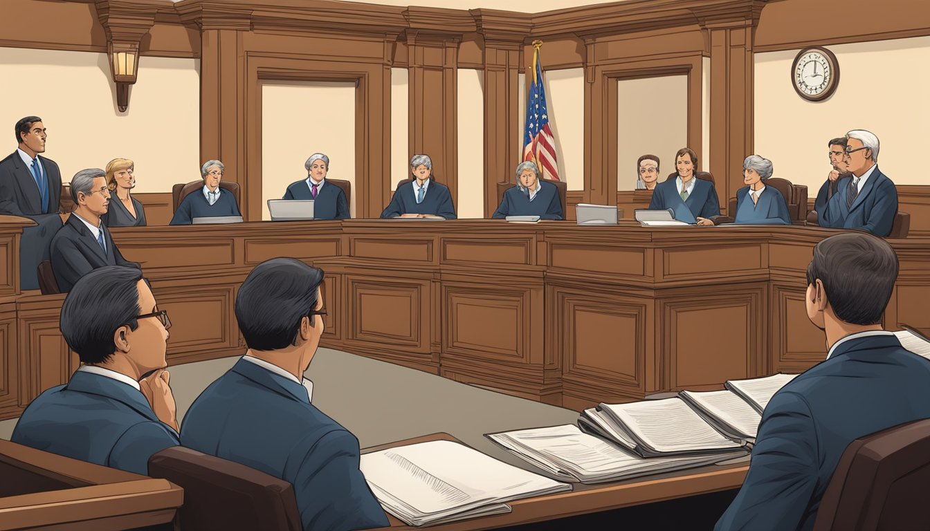 En rettssalsscene med en dommer som leder en sak om varemerkerettigheter og forvaltning. Advokater presenterer argumenter mens en jury lytter oppmerksomt.