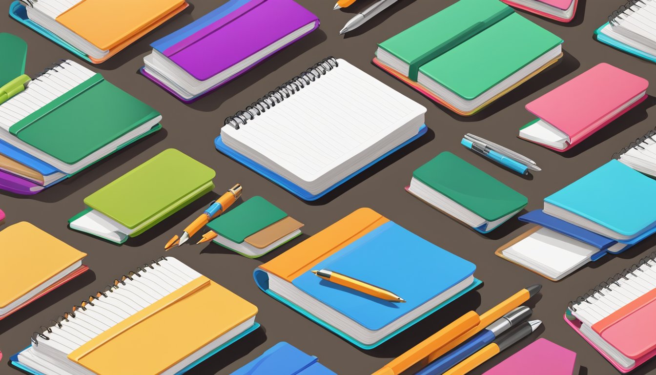 En stabel med fargerike merkede notatbøker og penner på et skrivebord