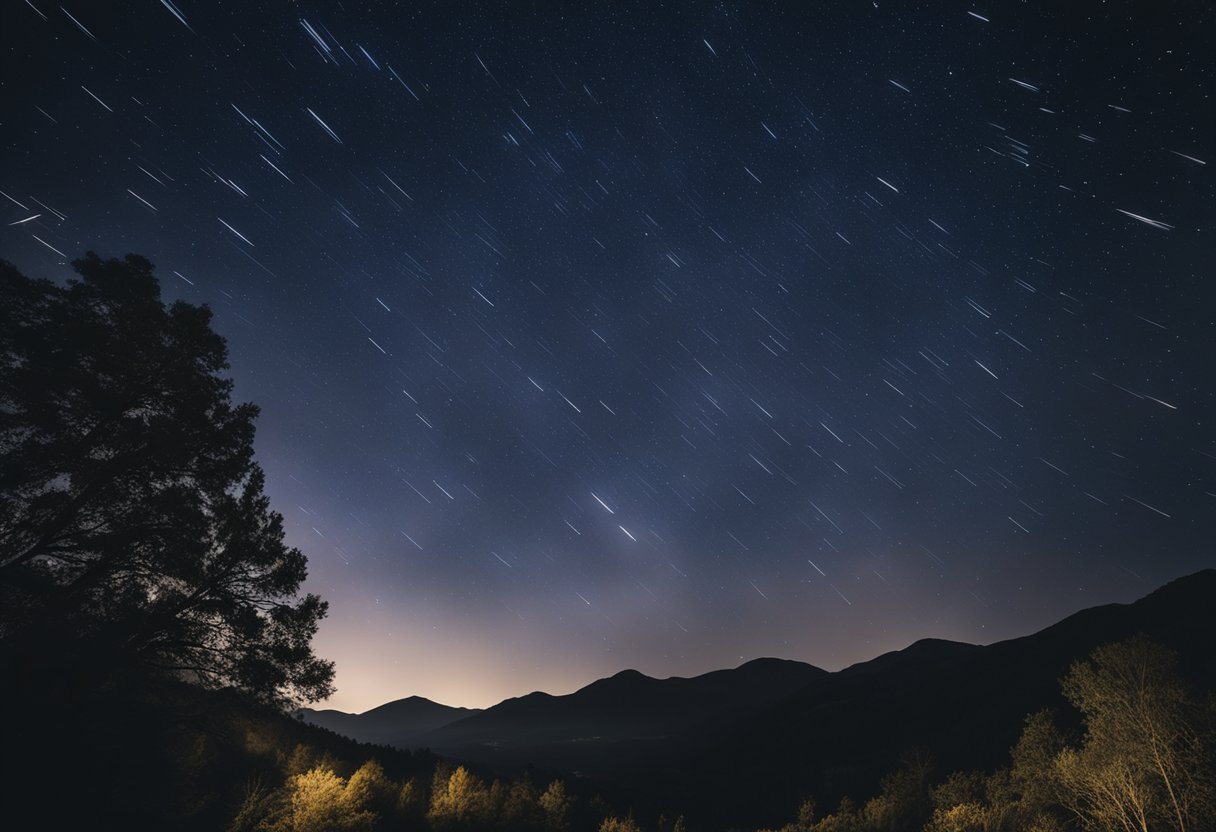 Um céu noturno cheio de estrelas cadentes e meteoros riscando a escuridão, deixando trilhas de luz e maravilha