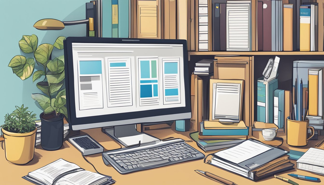 En stabel med bøker og en datamaskin omgitt av ulike kontorrekvisita og informasjonsmateriell