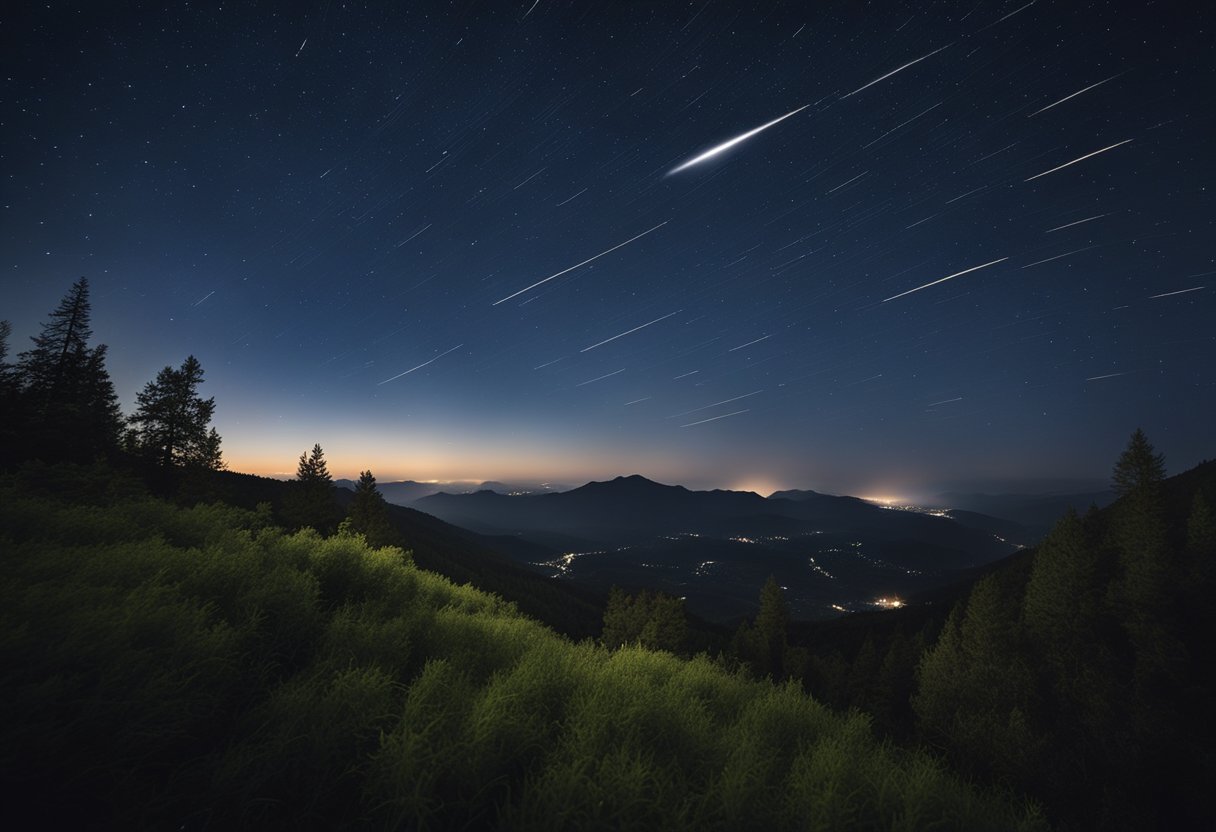 Um céu noturno claro com estrelas cadentes e meteoros riscando, cercado por vários fenômenos atmosféricos.