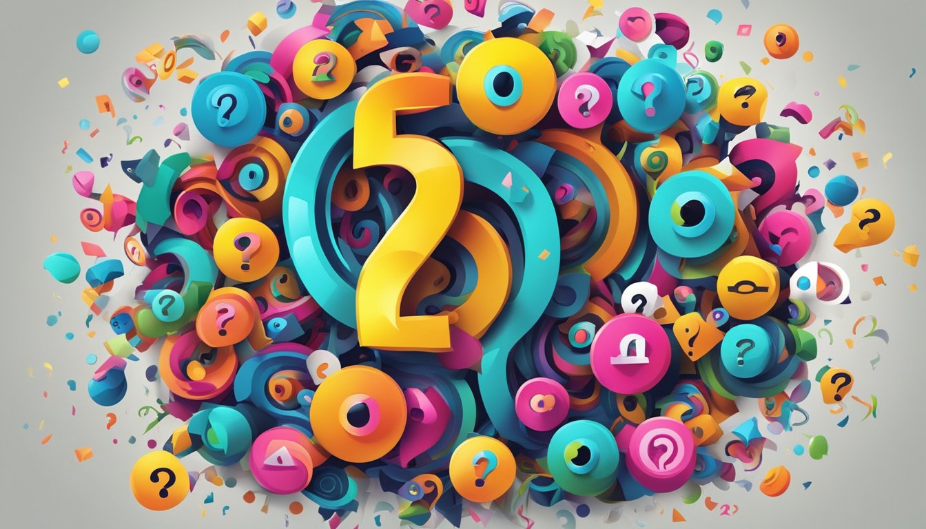 Et fargerikt, iøynefallende logo omgitt av spørsmålstegn og utropstegn, med en følelse av nysgjerrighet og spenning