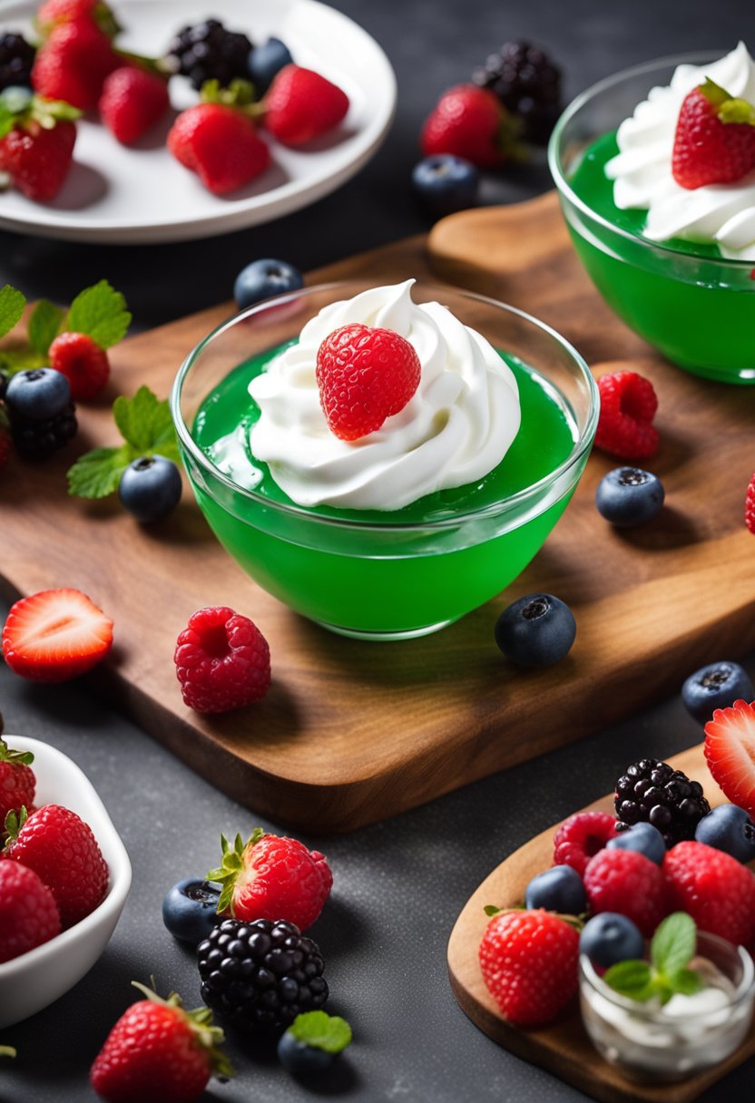 A colorful bowl of keto jello dessert surrounded by fresh berries and a dollop of whipped cream