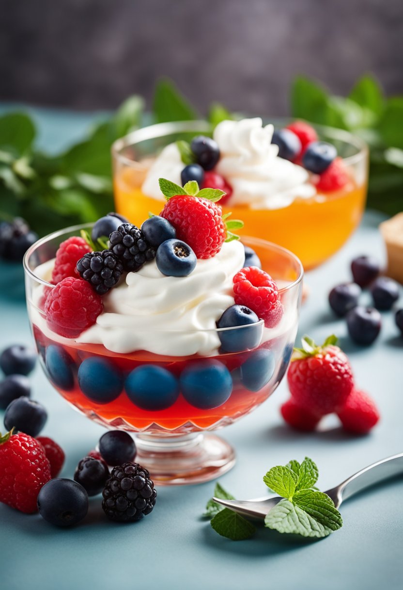 A colorful bowl of keto-friendly jello dessert surrounded by fresh berries and a dollop of whipped cream