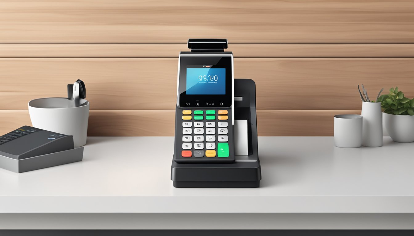 En moderne, slank betalingsterminal står på en ren, minimalistisk benkeplate, med en digital skjerm og kortleser