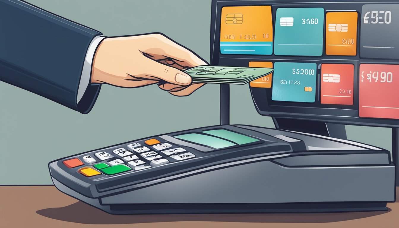 En person som sveiper et kredittkort på en betalingsterminal, med ulike gebyrer og kostnader vist på skjermen