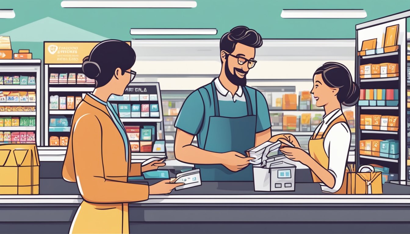 En kunde som presenterer et lojalitetskort og gavekort for en kasserer ved en kasse i en butikk