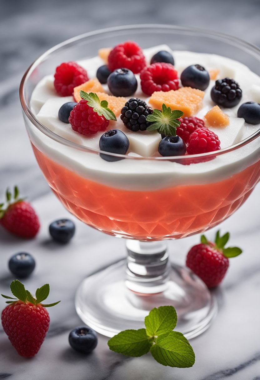 A clear bowl of keto jello dessert with gelatin powder and fresh berries on a marble countertop