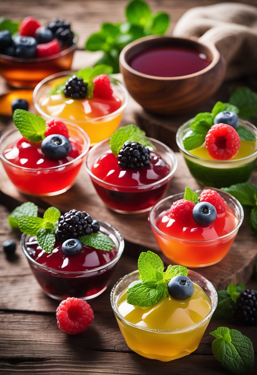 A colorful array of keto jello desserts arranged on a rustic wooden table, garnished with fresh berries and mint leaves