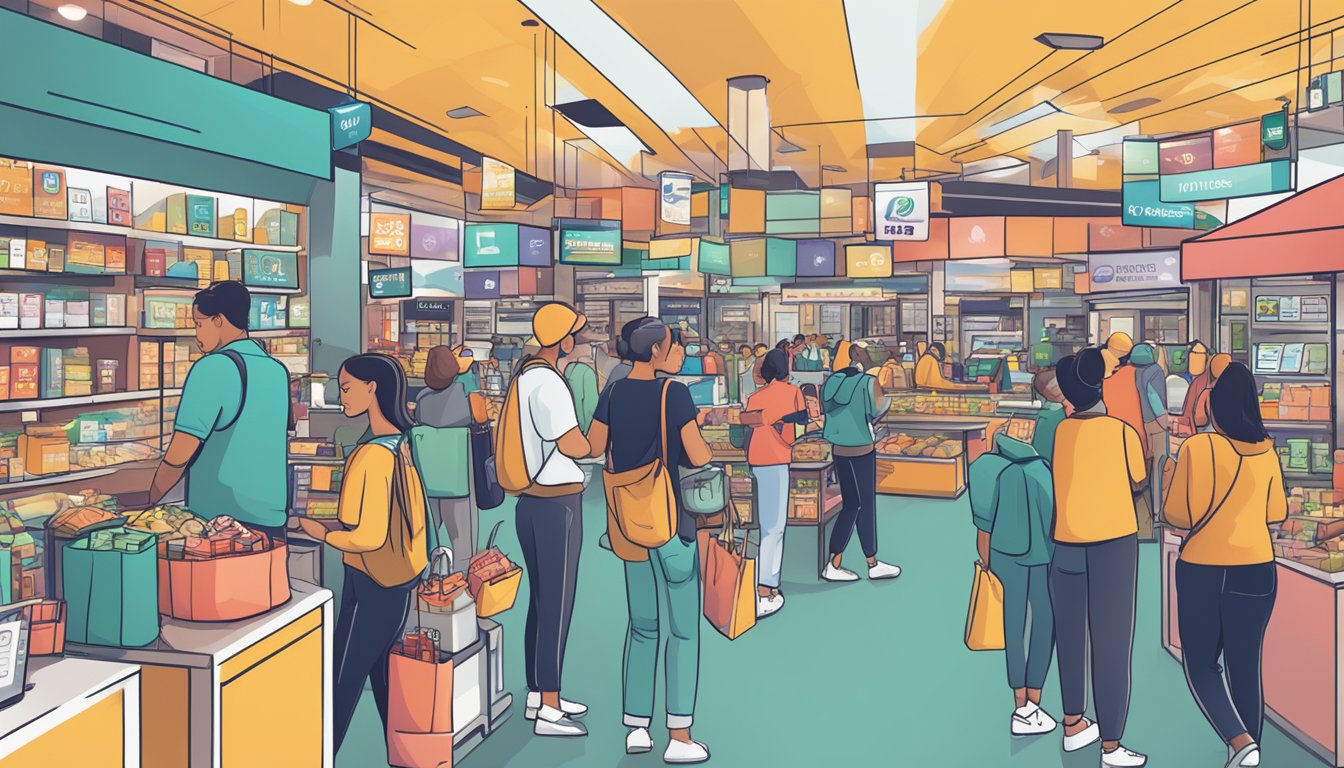 Et travelt marked med ulike betalingsalternativer: kontanter, kredittkort og mobilbetalingsapper