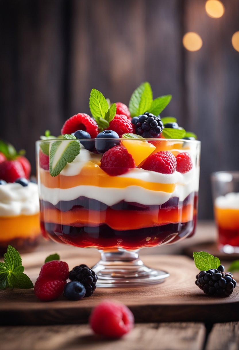 A glass dish filled with colorful layers of keto jello dessert, topped with whipped cream and fresh berries, set on a rustic wooden table