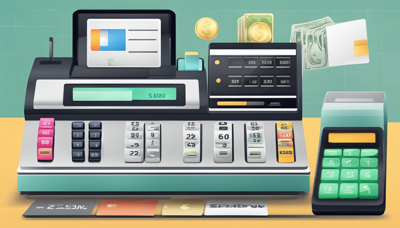 En moderne, slank kasse med ulike betalingsalternativer vist på skjermen, inkludert kredittkort, mobilbetalinger og kontanter.