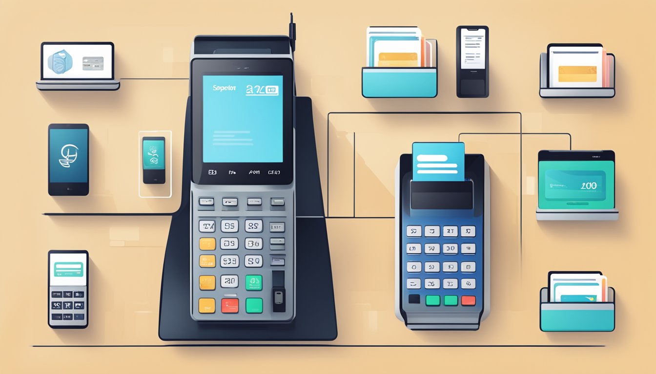 En moderne, strømlinjeformet betalingsterminal med digitale skjermer og slank design, omgitt av ulike betalingskort og ikoner som representerer forskjellige abonnementstjenester.