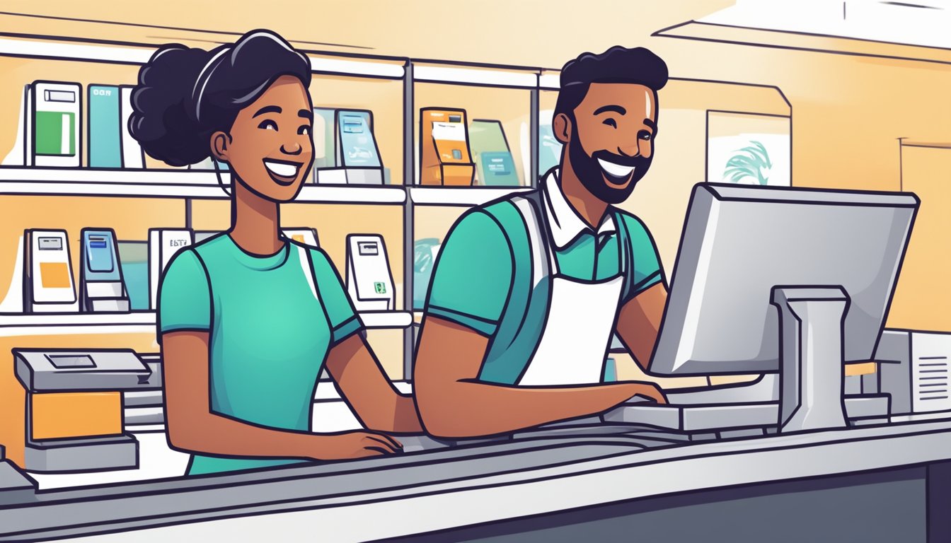 En kunde smiler mens han bruker en sømløs betalingsløsning ved kassen