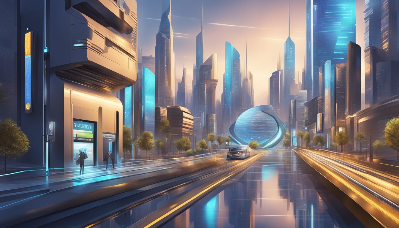 En futuristisk bylandskap med slanke, sammenkoblede digitale betalingssystemer og avansert teknologi