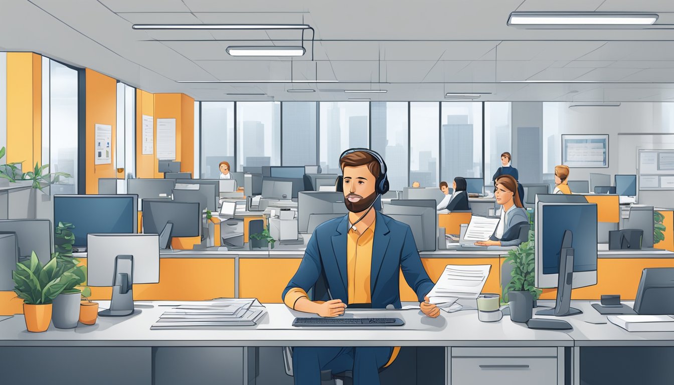 En kundeservicerepresentant som svarer på spørsmål om betalingsløsninger i et travelt kontormiljø