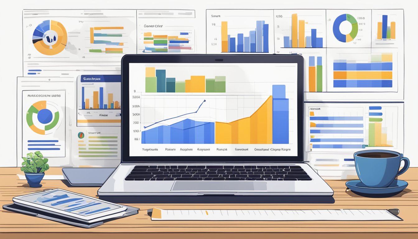 En bærbar datamaskin som viser Facebook-annonsestrategier med diagrammer og grafer på et skrivebord med en kopp kaffe