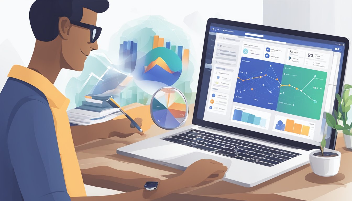 En bærbar datamaskin som viser Facebook annonseoptimaliseringsstrategier og budgivningstaktikker. Grafer og diagrammer viser engasjement og konverteringsmetrikker.