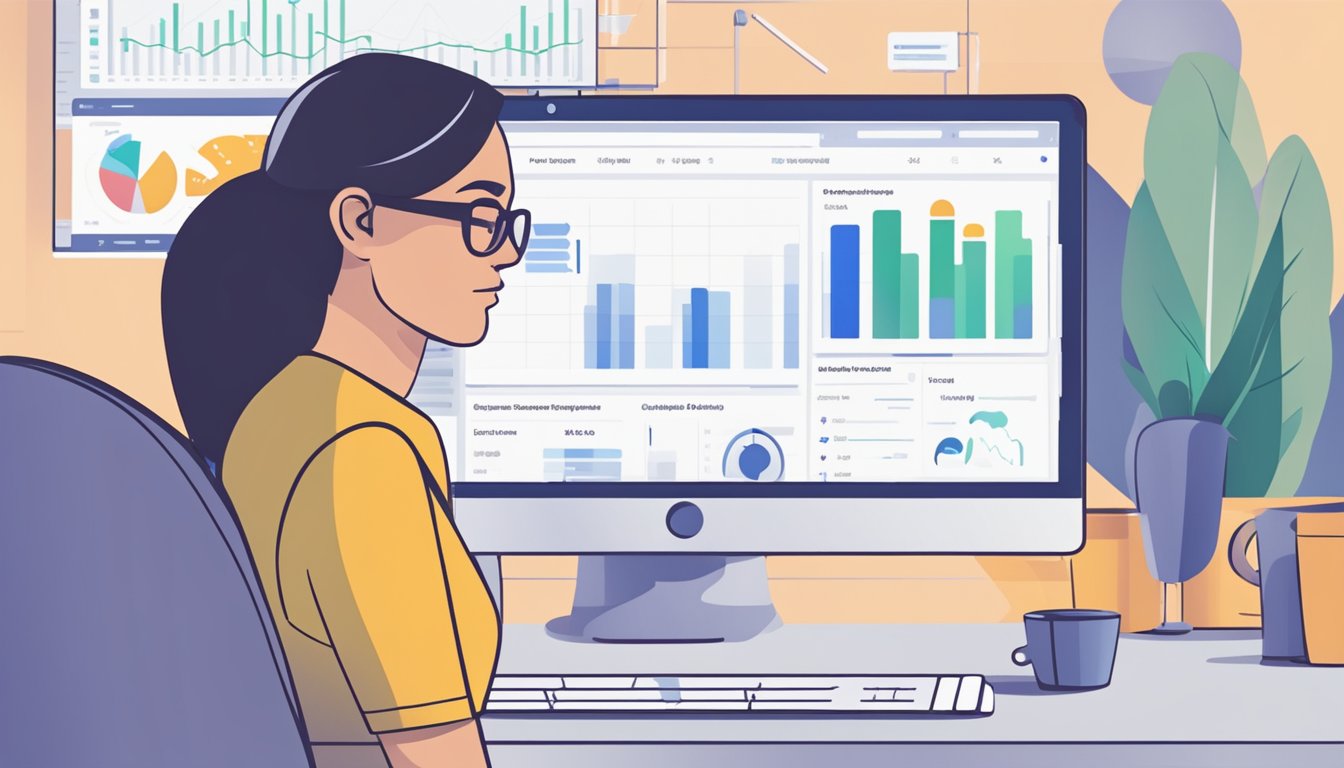 En dataskjerm som viser et Facebook-annonsesystem med diagrammer og grafer, en person som analyserer data med et fokusert uttrykk