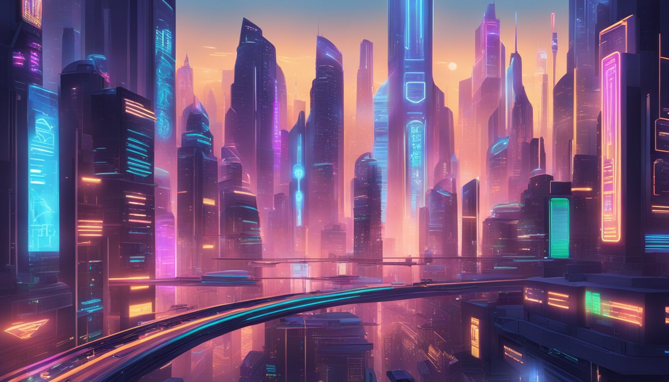 En futuristisk bysilhuett med lysende neonskilt og digitale annonser