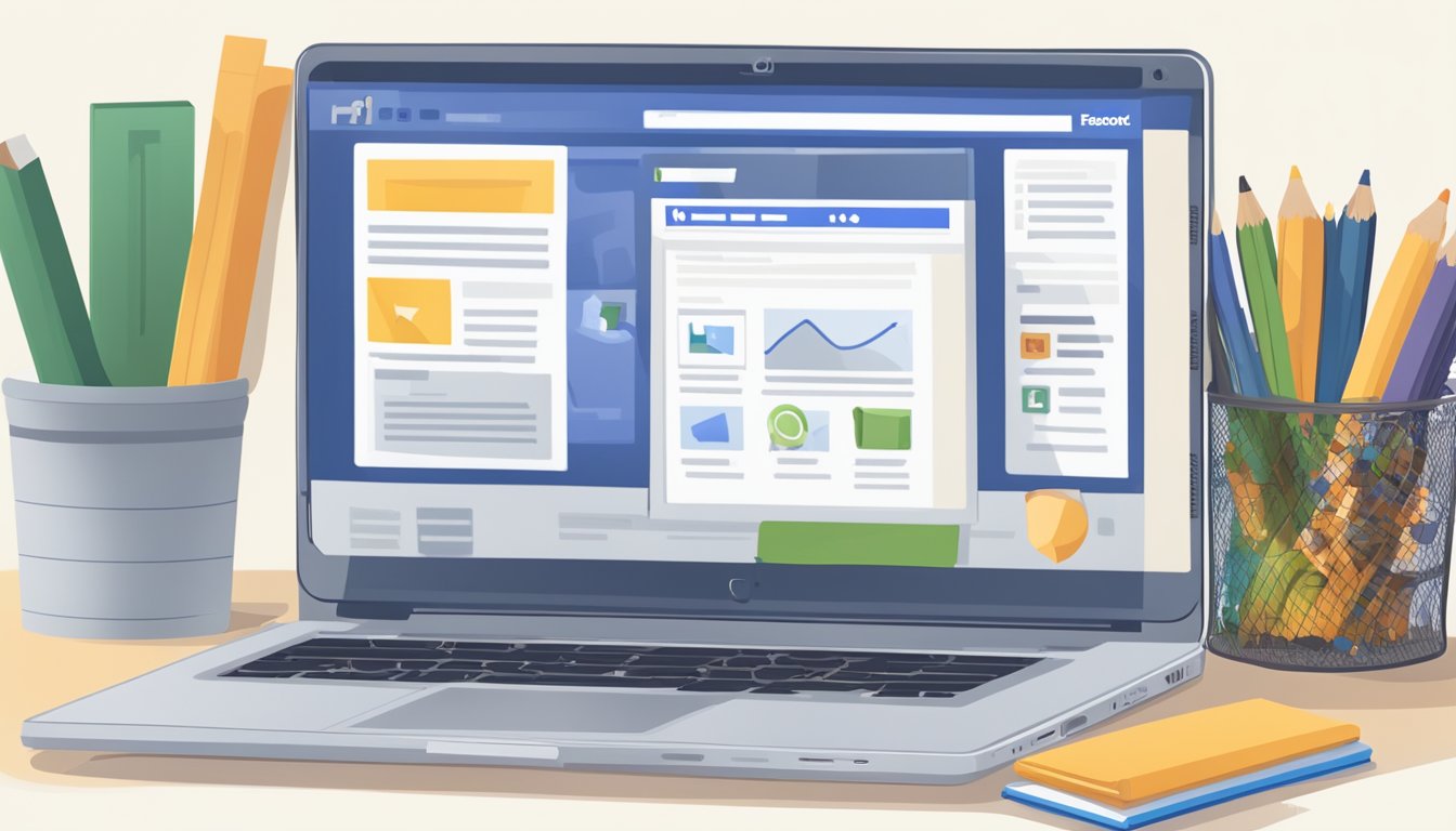 En bærbar datamaskin med en åpen Facebook-side, omringet av utdanningsmaterialer og ressurser