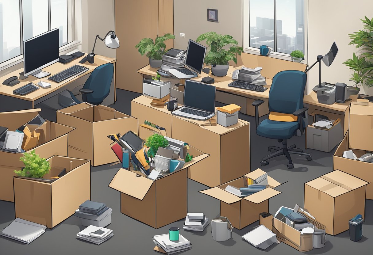 A cluttered office space with boxes, furniture, and electronic equipment being removed by professional junk removal workers during an office relocation