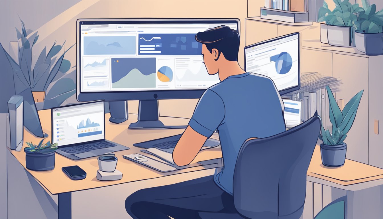 En person som sitter ved et skrivebord og bruker en datamaskin til å lage og administrere Facebook-reklamekampanjer