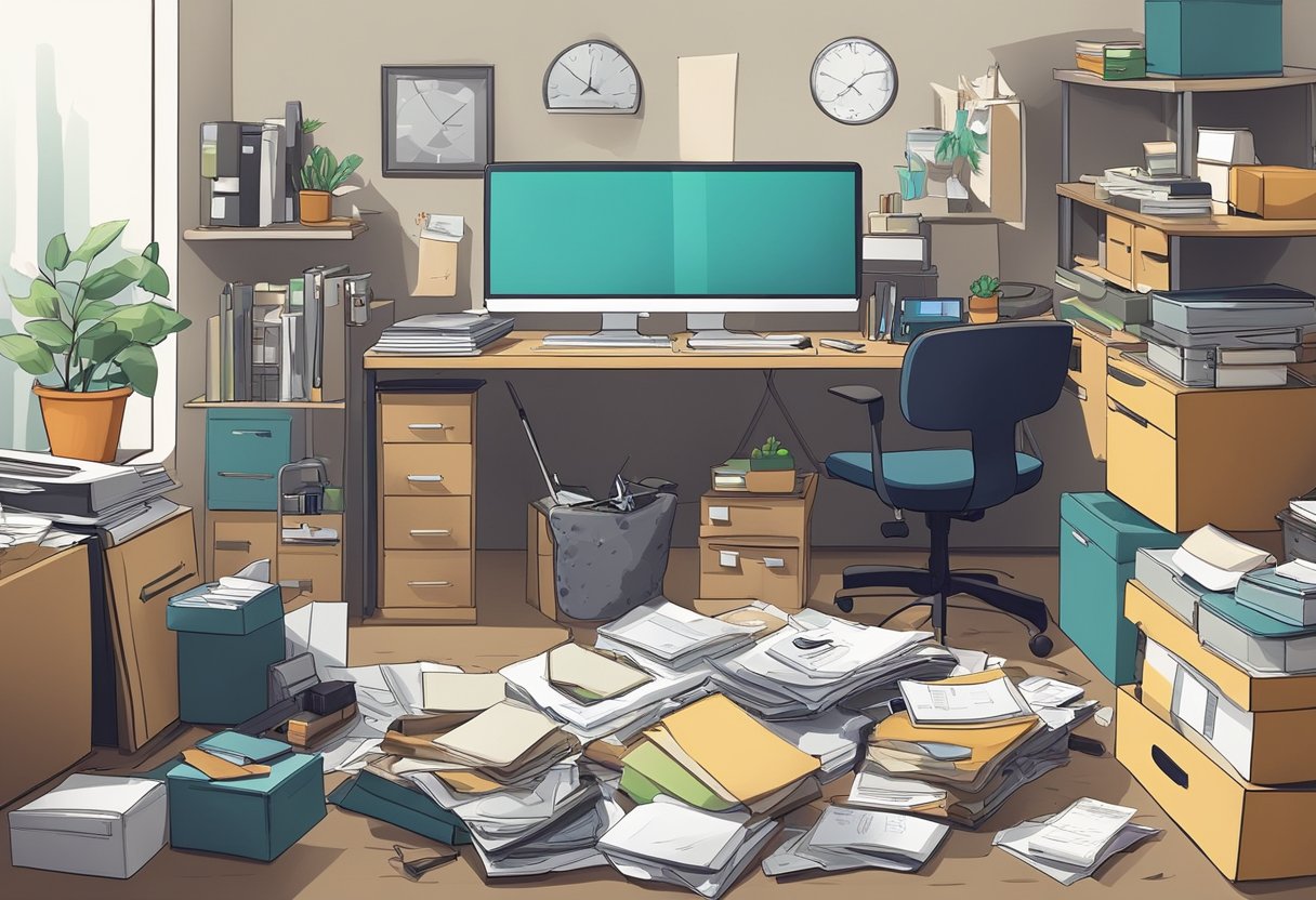 A cluttered office space with various items such as old furniture, electronics, and paperwork scattered around. A professional junk removal team is efficiently clearing out the space, ensuring compliance with environmental regulations