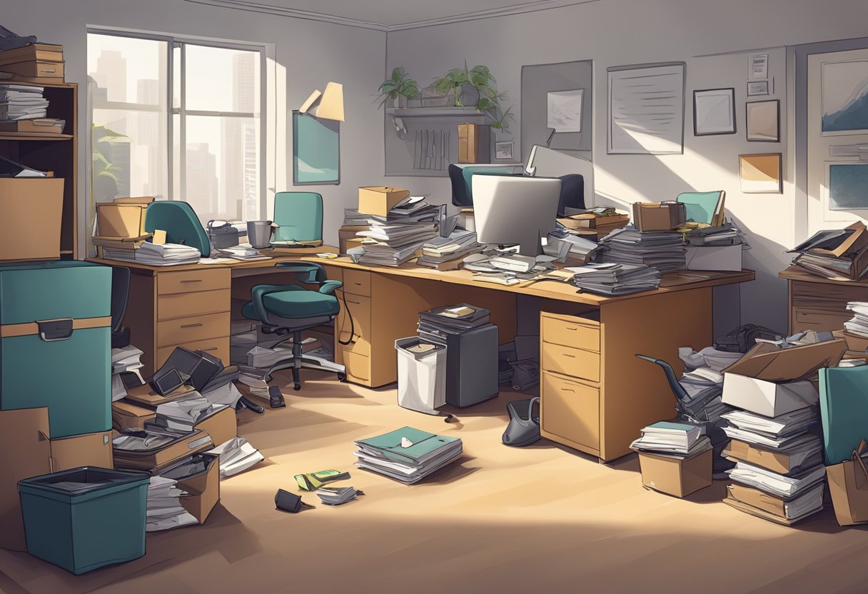 A cluttered office space with discarded furniture and equipment being efficiently removed by professional junk removal workers