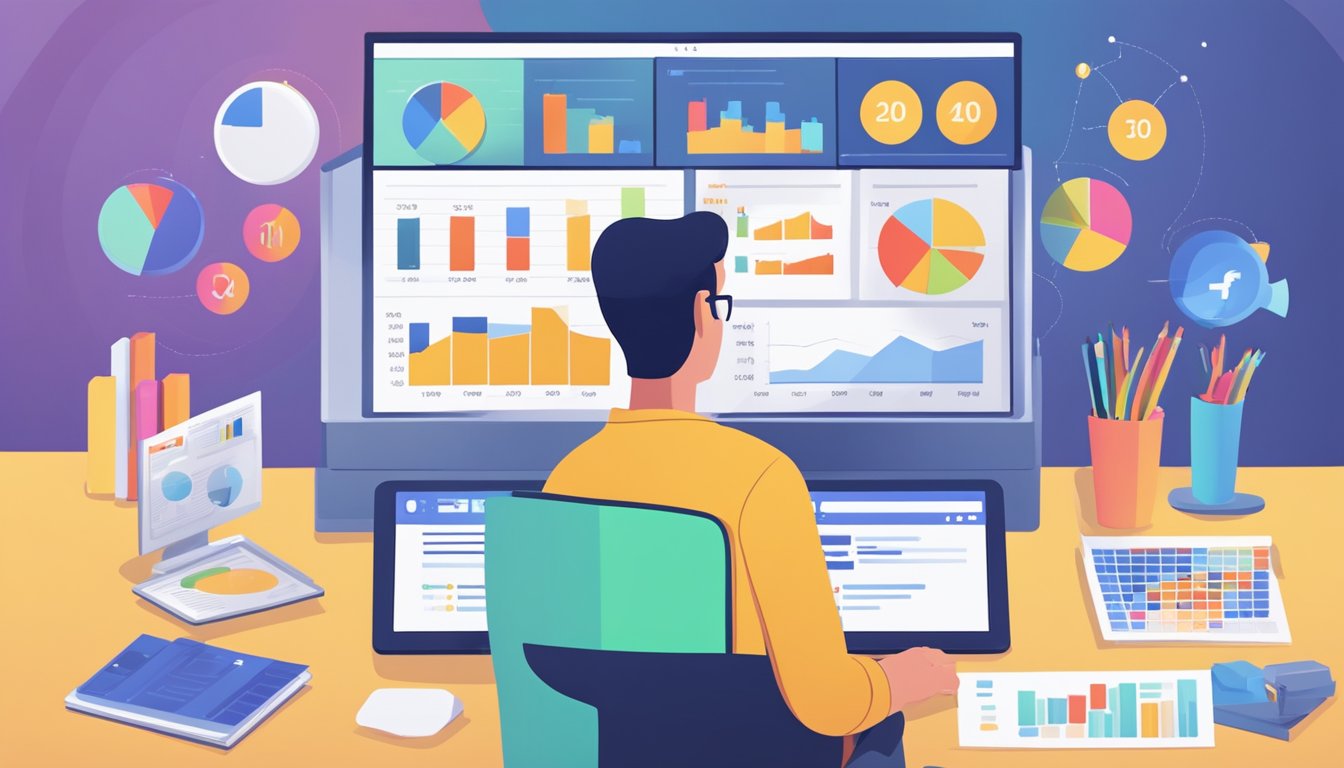 En person som analyserer Facebook-annonseringens ytelse på en datamaskin, omgitt av diagrammer og grafer