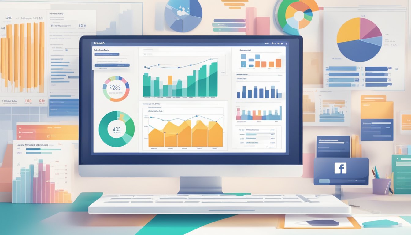 En dataskjerm som viser ulike verktøy for optimalisering av Facebook-annonskampanjer og dataanalysetabeller