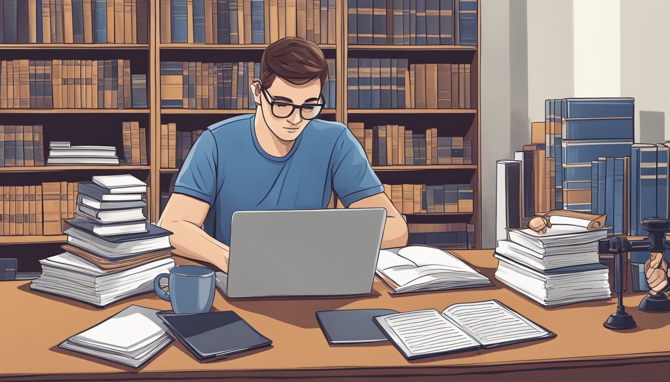 En person som forsker på juridiske retningslinjer og beste praksis for Facebook-annonsering, omringet av lovbøker og dataskjermer