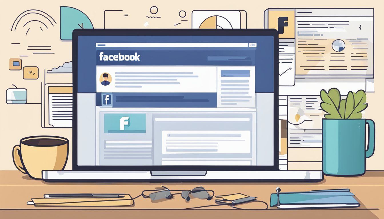 En bærbar datamaskin som viser en Facebook annonseadministrator-side med en liste over ofte stilte spørsmål om annonsering. En kopp kaffe står i nærheten.