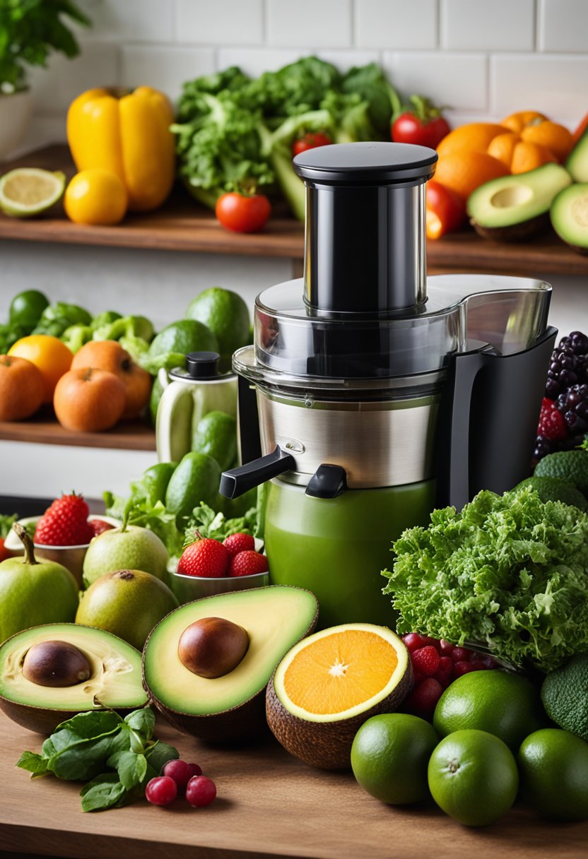 A variety of fresh vegetables and fruits, such as leafy greens, avocados, and berries, are arranged on a kitchen counter next to a juicer