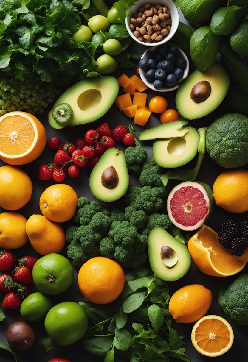 A variety of fresh vegetables and fruits, such as leafy greens, avocados, berries, and citrus, are arranged on a kitchen counter next to a juicer