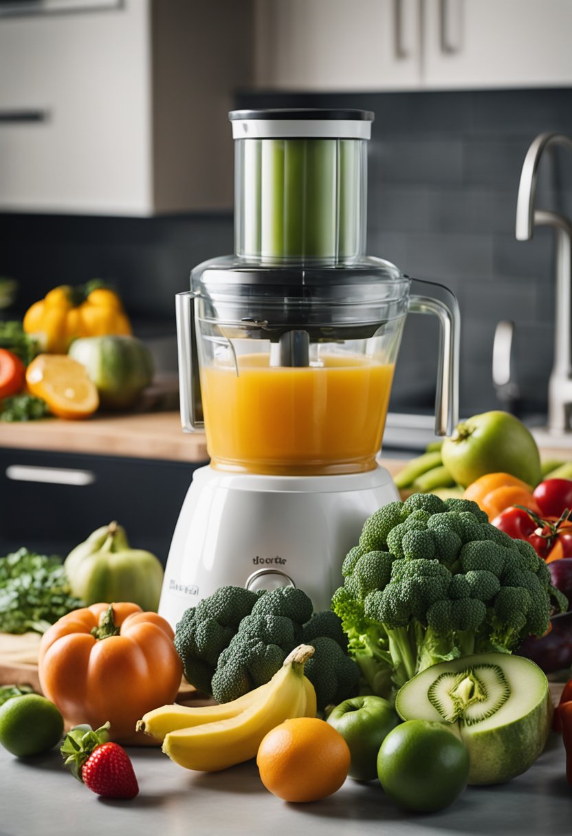 A variety of fresh low-carb vegetables and fruits arranged on a clean kitchen counter, alongside a juicer and measuring cups